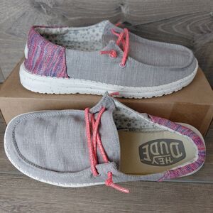 Hey Dude Shoes Women 6 Wendy Gray Pink Slip On Casual Beach Y2K Loafers Sneakers